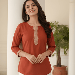 Women’s Rust Orange Roman Silk Embroidered Fancy Top