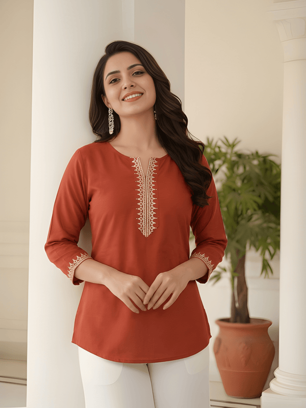Women’s Rust Orange Roman Silk Embroidered Fancy Top