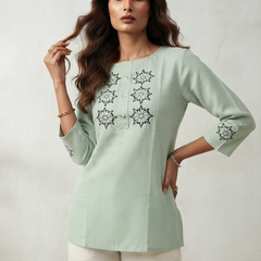 Women’s Sage Green Linen Cotton Embroidered Split Neck Top
