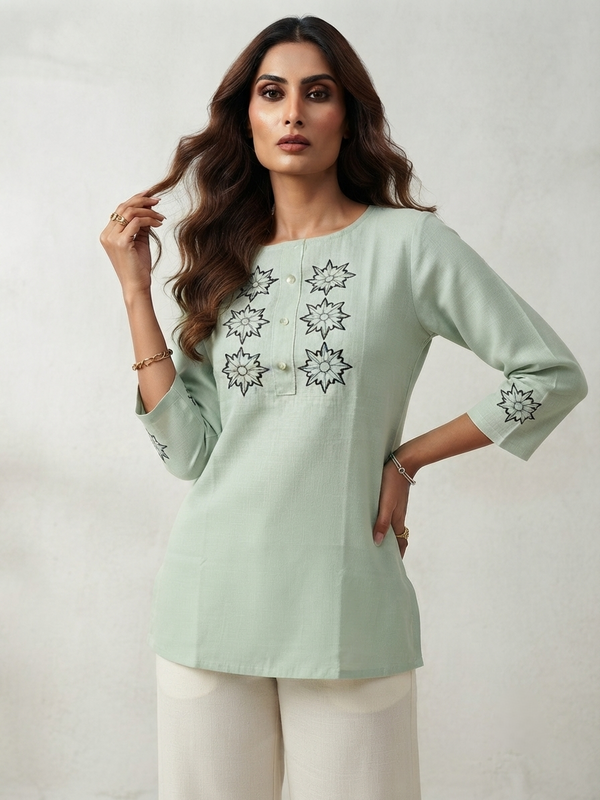 Women’s Sage Green Linen Cotton Embroidered Split Neck Top