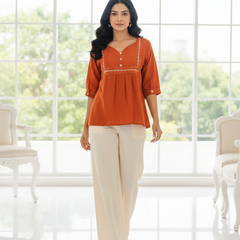 Women’s Rust Orange Embroidered Soft Cotton Fancy Top