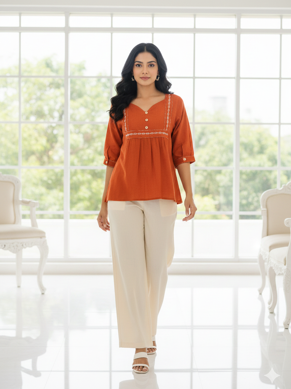 Women’s Rust Orange Embroidered Soft Cotton Fancy Top