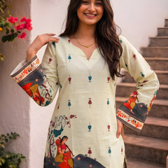 Women’s Cream Cotton Kalamkari Printed V-Neck Tunic