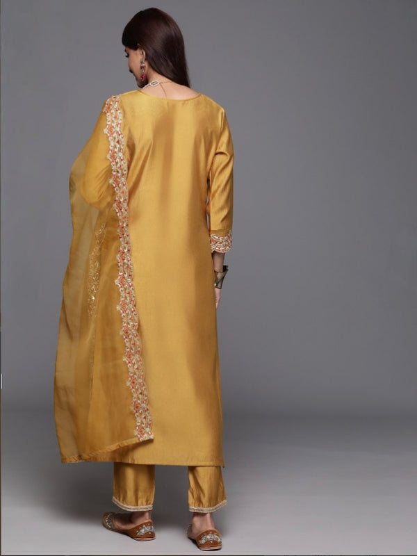 Women’s Chanderi Embroidered Kurta with Stitched Bottom & Organza Dupatta Set