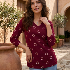 Women’s Maroon Cotton Printed Straight Tunic