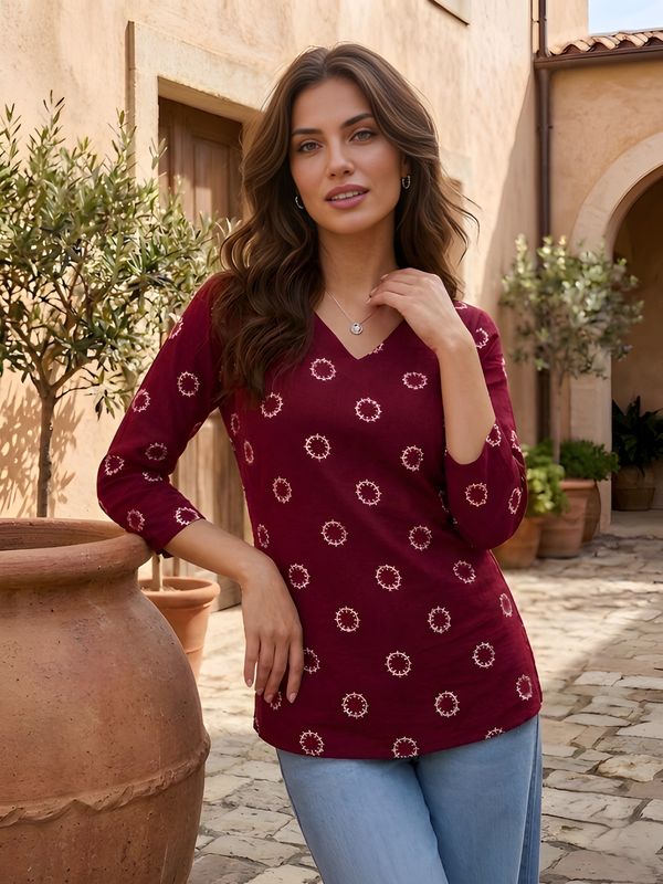 Women’s Maroon Cotton Printed Straight Tunic