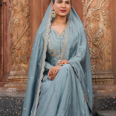 Women's Vichitra Silk Embroidered Kurta Palazzo & Dupatta Set