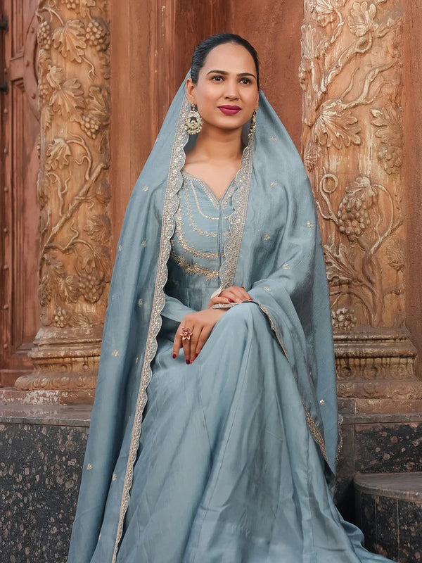 Women's Vichitra Silk Embroidered Kurta Palazzo & Dupatta Set