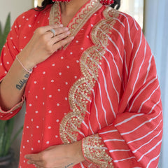 Women's Bandhani Print Embroidered Kurta Pant Set With Muslin Dupatta