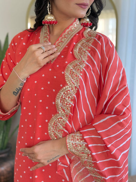 Women's Bandhani Print Embroidered Kurta Pant Set With Muslin Dupatta