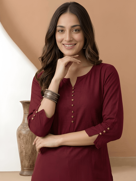 Casual Women’s Maroon Roman Silk Solid Tunic Top