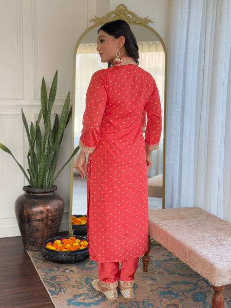 Women's Bandhani Print Embroidered Kurta Pant Set With Muslin Dupatta