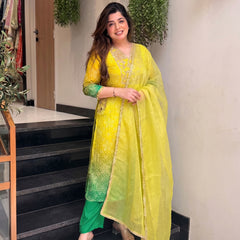 Women's Embroidered & Printed Chinon Straight Kurta With Pant & Organza Dupatta Set