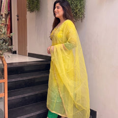 Women's Embroidered & Printed Chinon Straight Kurta With Pant & Organza Dupatta Set