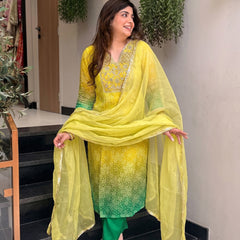 Women's Embroidered & Printed Chinon Straight Kurta With Pant & Organza Dupatta Set