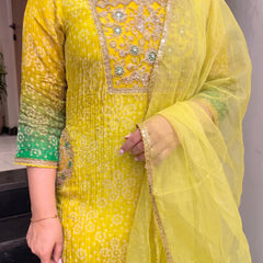 Women's Embroidered & Printed Chinon Straight Kurta With Pant & Organza Dupatta Set