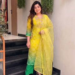 Women's Embroidered & Printed Chinon Straight Kurta With Pant & Organza Dupatta Set