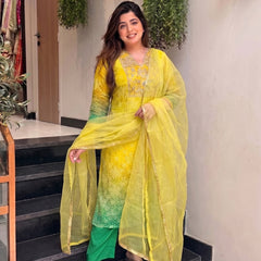 Women's Embroidered & Printed Chinon Straight Kurta With Pant & Organza Dupatta Set