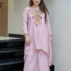 Women's French Crepe Embroidered Kurta Palazzo Set