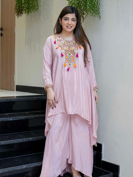 Women's French Crepe Embroidered Kurta Palazzo Set