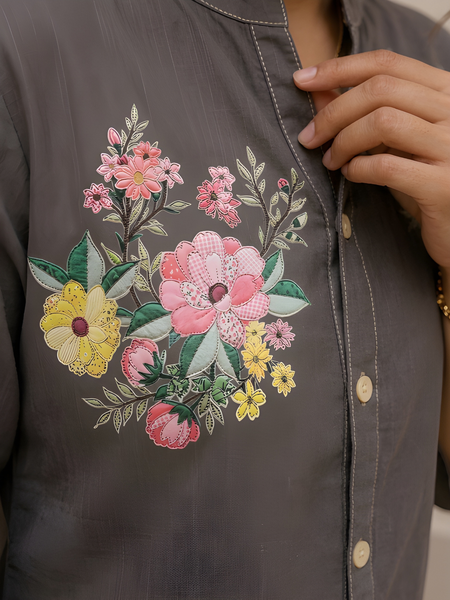 Women’s Grey Cotton Floral Printed Shirt Style Tunic
