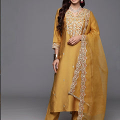 Women’s Chanderi Embroidered Kurta with Stitched Bottom & Organza Dupatta Set