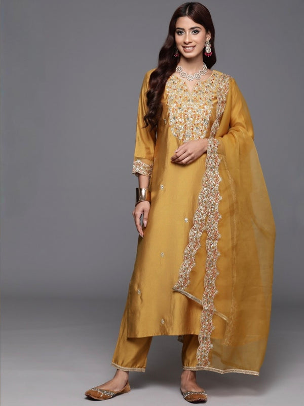 Women’s Chanderi Embroidered Kurta with Stitched Bottom & Organza Dupatta Set