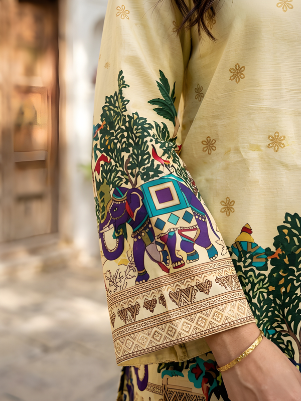 Women’s Off-White Cotton Kalamkari Tunic with Yellow Shine