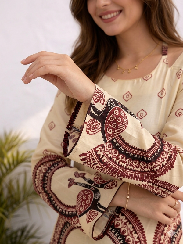 Women’s Off-White Cotton Kalamkari Print Tunic