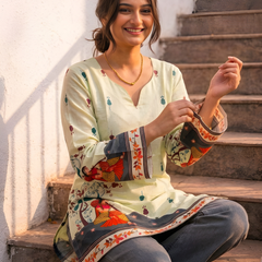 Women’s Cream Cotton Kalamkari Printed V-Neck Tunic