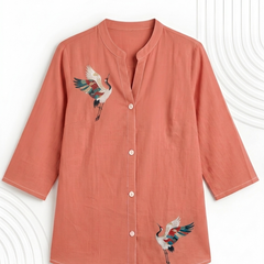 Women’s Coral Orange Cotton Floral Printed Shirt Style Tunic