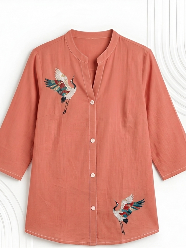 Women’s Coral Orange Cotton Floral Printed Shirt Style Tunic