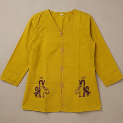 Women’s Mustard Yellow Embroidered Cotton-Silk Fancy Top