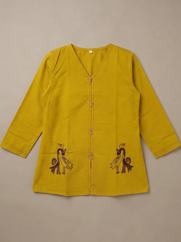 Women’s Mustard Yellow Embroidered Cotton-Silk Fancy Top