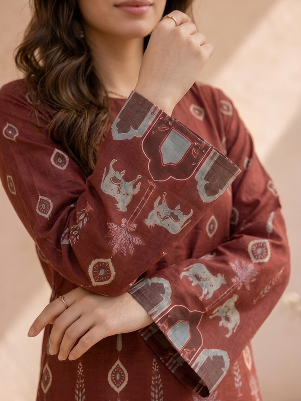 Women’s Maroon Cotton Kalamkari Bell Sleeve Tunic