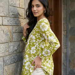 Women’s White-Parrot Cotton Printed Flared Kurti