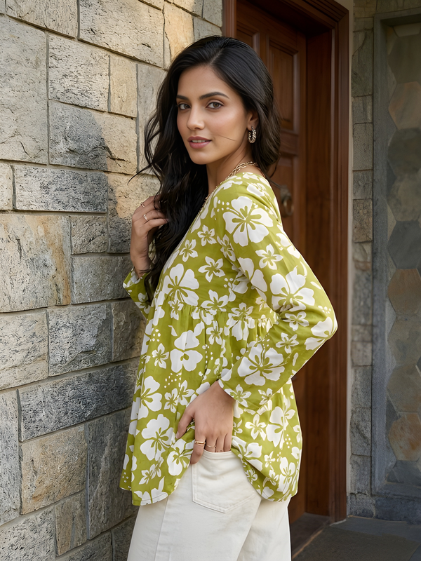 Women’s White-Parrot Cotton Printed Flared Kurti