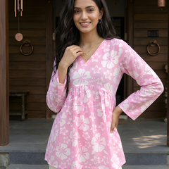 Women’s White-Pink Cotton Printed Flared Kurti