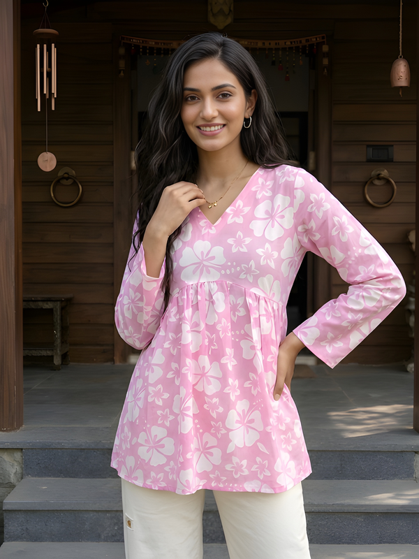 Women’s White-Pink Cotton Printed Flared Kurti