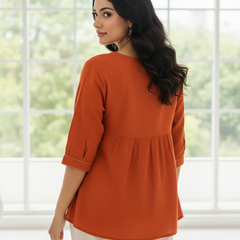 Women’s Rust Orange Embroidered Soft Cotton Fancy Top