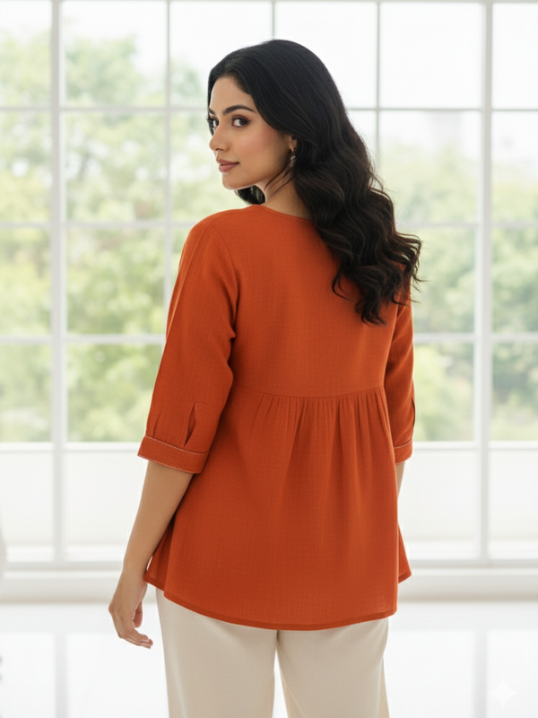Women’s Rust Orange Embroidered Soft Cotton Fancy Top