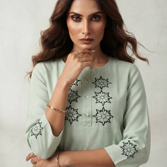 Women’s Sage Green Linen Cotton Embroidered Split Neck Top