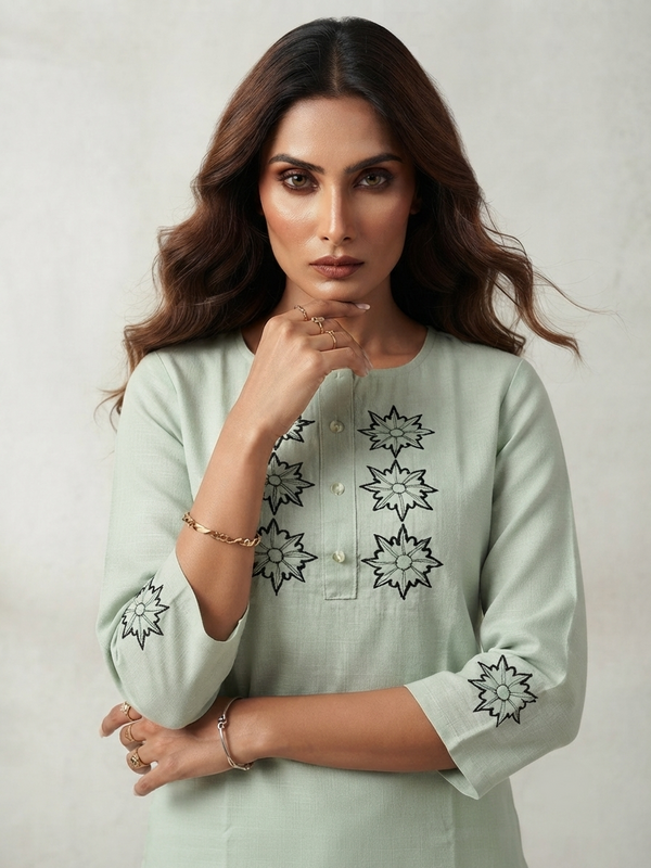 Women’s Sage Green Linen Cotton Embroidered Split Neck Top