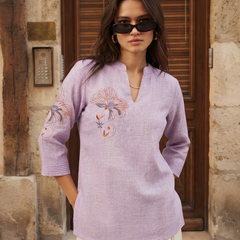 Women’s Lavender Linen Cotton Embroidered Split V-Neck Top
