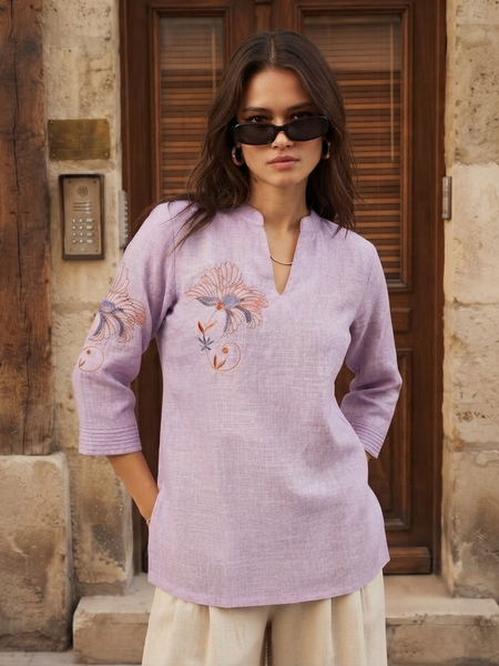 Women’s Lavender Linen Cotton Embroidered Split V-Neck Top