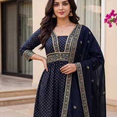 Women's Vichitra Silk Sequinned Embroidered Flared Kurta with Pant & Dupatta Set