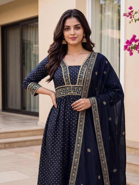 Women's Vichitra Silk Sequinned Embroidered Flared Kurta with Pant & Dupatta Set