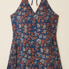 Women’s Navy Blue Cotton Blend Floral Halter Neck Top