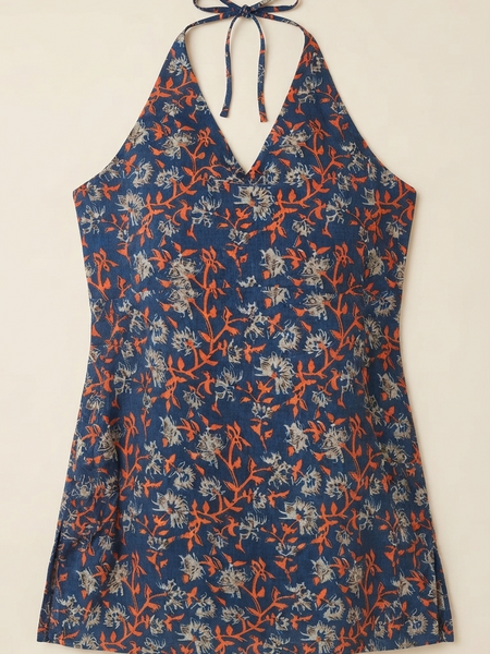 Women’s Navy Blue Cotton Blend Floral Halter Neck Top