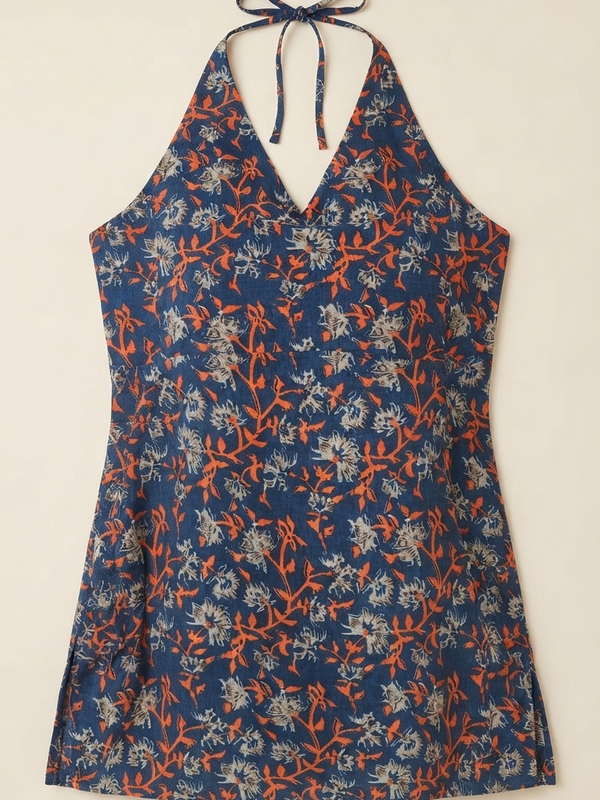 Women’s Navy Blue Cotton Blend Floral Halter Neck Top